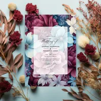 Burgundy and Dusty Blue Floral Wedding Invitation