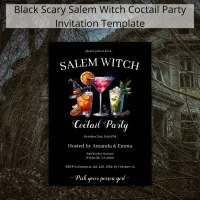 Salem Witch Scary Coctail Party Black Halloween Invitation