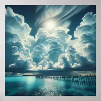 Beautiful Ocean, Dock and Fluffy Clouds Poster