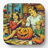 Happy Halloween Nostalgic Family Carving Pumpkins Paper Plates