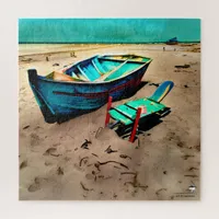 Teal Boat on a Sandy Beach Jigsaw Puzzle