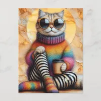 Adorable Cat With Coffee Postcard