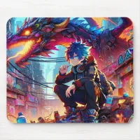 Anime Boy and Dragon in a Dystopian World Mouse Pad