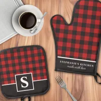 Buffalo Plaid Red And Black Checker Monogrammed Oven Mitt & Pot Holder Set