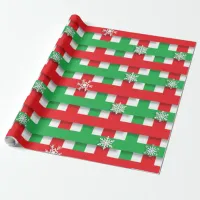 Red and Green Plaid Checkered Snowflakes Christmas Wrapping Paper