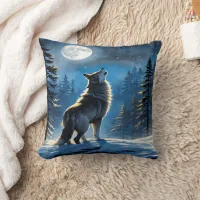 Wolf Howling Under Full Moon in Snowy Forest Throw Pillow