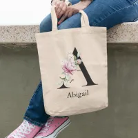 Modern Watercolor Pink Flower Monogram Tote Bag