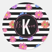 Trendy Floral Black & White Stripes Monogrammed Classic Round Sticker