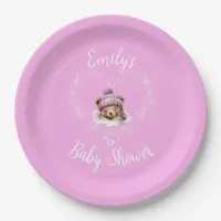 Snow Excited Pink Teddy Bear Baby Shower Paper Plates