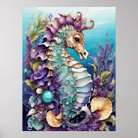 Purple and Teal Seahorse in the Water Poster