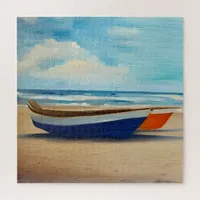 Red and Blue Boat on a Sandy Beach Jigsaw Puzzle