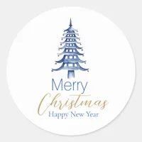 Blue Pagoda Christmas Tree  Classic Round Sticker