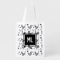 Monogrammed Cute Black and White Cartoon Chickens Grocery Bag