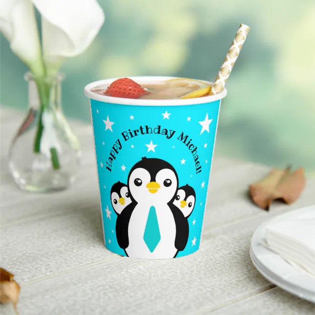 Cute Happy Birthday Boy Penguins Blue Neckties Paper Cups