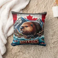 Beaver by Water With Canadian Flag Throw Pillow