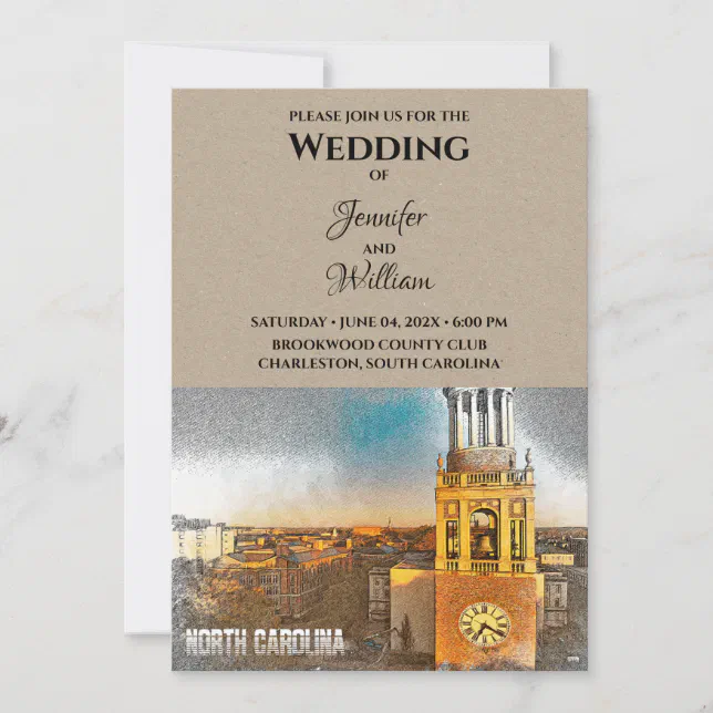 North Carolina US Color Sketch Wedding Invitation