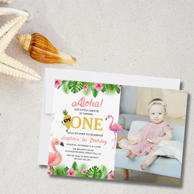 Tropical Summer Beach Luau Girl Photo 1st Birthday Invitation