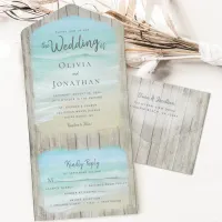 Rustic Wood Destination Ocean Beach Wedding All In One Invitation