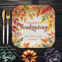 Elegant Watercolor Fall Leaves Border Thanksgiving Paper Plates