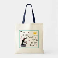 Toes in the Sand Wine in My Hand Funny Beach Cat Tote Bag