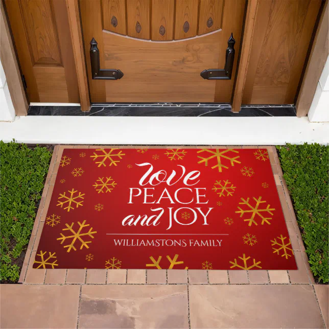 Festive Red Love, Peace, and Joy with Snowflakes Doormat