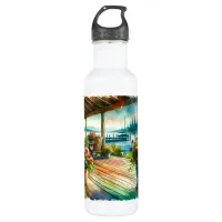 Pretty Lakehouse View Deck and Flowers Stainless Steel Water Bottle