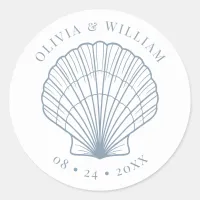 Seashell Beach Wedding Coastal Dusty Blue  Classic Round Sticker