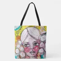 Artistic Girl Portrait Bubble Blue Yellow Fun Cute Tote Bag