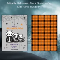 Scary Kids Halloween Party Black Skeleton Cat  Invitation