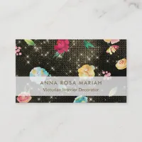 *~* Vintage Floral Pattern Gold Sequin Glitter Business Card