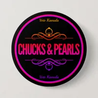 Chucks & Pearls Pink Vote Kamala Black Button