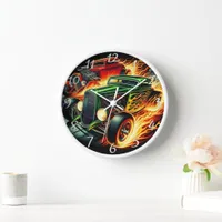 Classic hot rods racing through a fiery backdrop clock