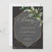 Eucalyptus Gold Geometric Black Charcoal Wedding Invitation