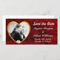 Gold Heart Frame & Red Fabric Add Photo Save The Date