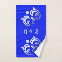 Monogrammed simple Silver on Blue | Bath Towel Set