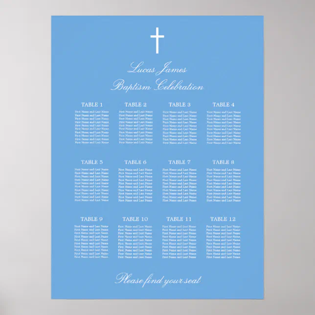 Stylish Blue 12 Table Baptism Seating Chart Poster