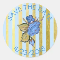 Save the Date Blue Flower Striped Stickers