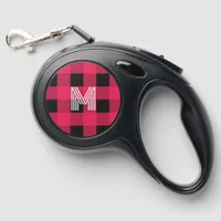 Stylish Monogram Bright Red Buffalo Plaid Check Retractable Pet Leash