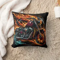 Fiery motorcycle racing down the open road at dusk throw pillow