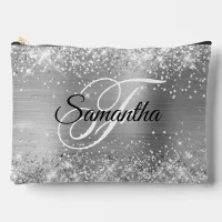 Glittery Silver Foil Fancy Monogram Accessory Pouch