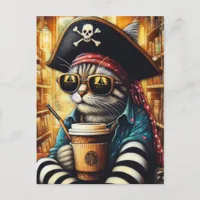 An Adorable Pirate Cat With A Coffee Postcard