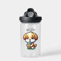 Cute Kawaii Puppy Dog with Bubble Tea Personalized Water Bottle