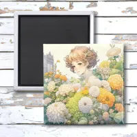 Pretty Anime Girl in  Yellow and White Flowers Magnet