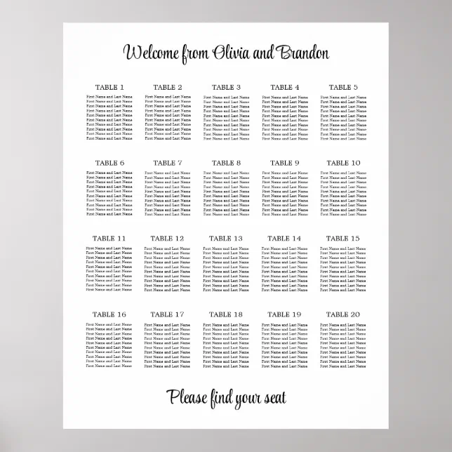 Stylish 20 Table Wedding Seating Chart Poster