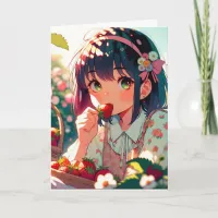 Cute Anime Girl Eating Strawberries Birthday  Card