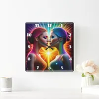 Twin Figures in Colorful Light Embrace Square Wall Clock