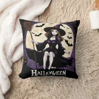 Witch in a spooky landscape under a full moon throw pillow