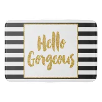 Hello Gorgeous Black & White Gold Glitter Stripes Bathroom Mat