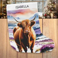 Rustic Watercolor Snow Scene Highland Cow Custom Large Christmas Stocking