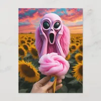 Pink Alien Screams in Van Gogh Sunflower Field Postcard